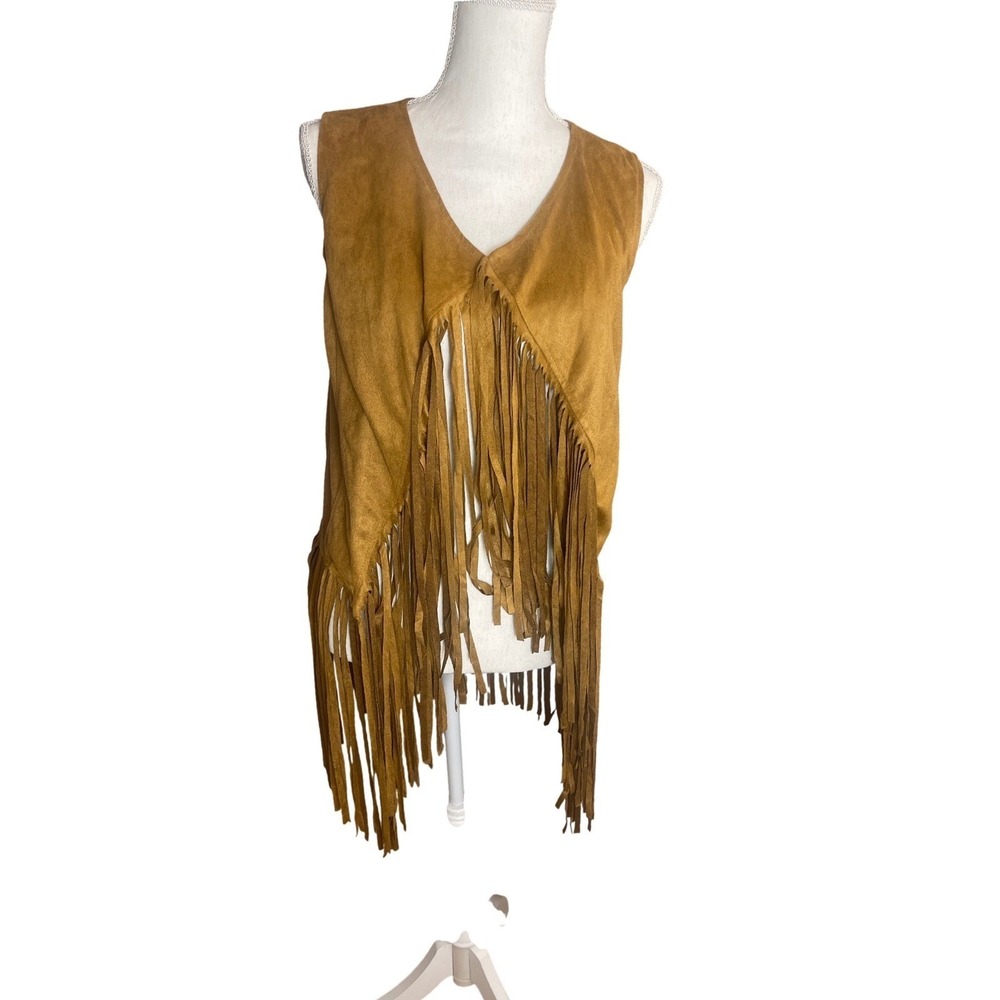 Boho Western Fringe Vest Faux Suede Polyester Camel XL Festival Cowboycore - Picture 1 of 7